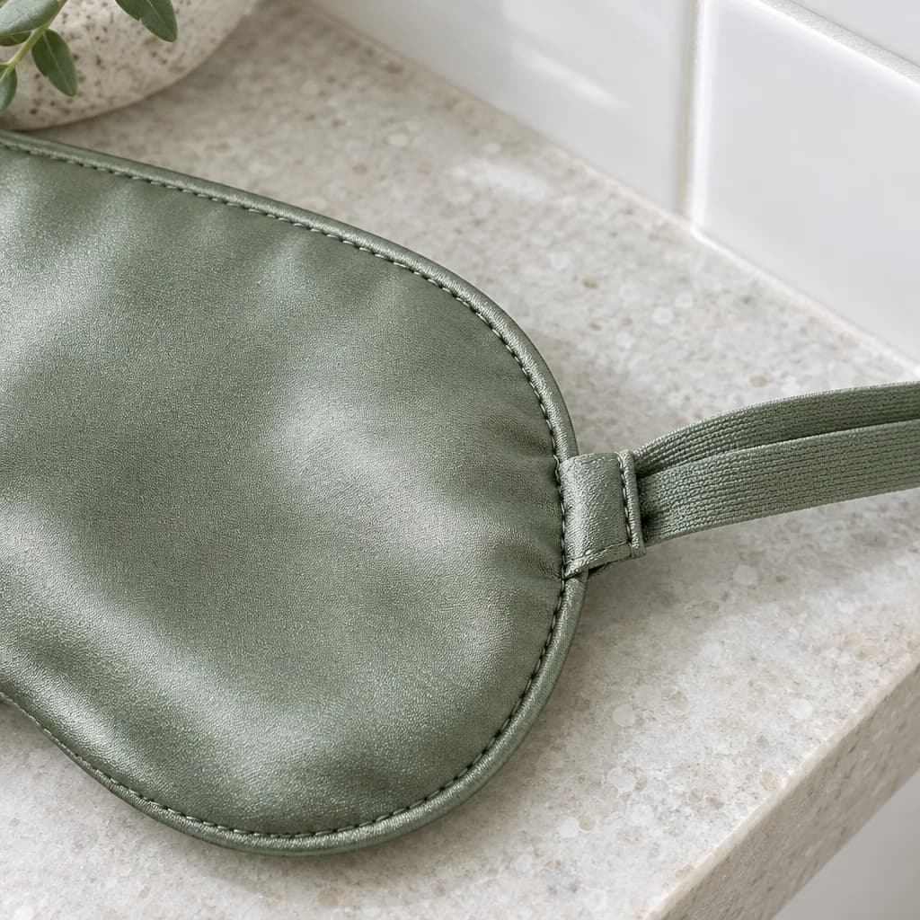 Close view of a sage silk mask and its strap seam