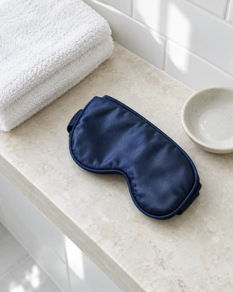 A navy silk mask folded on a bathroom shelf beside a towel