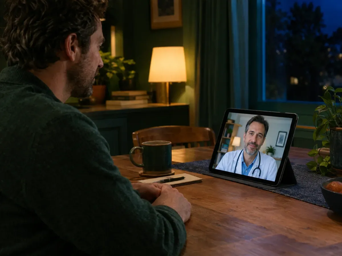 A man at a desk at home on a video call with a doctor on a tablet