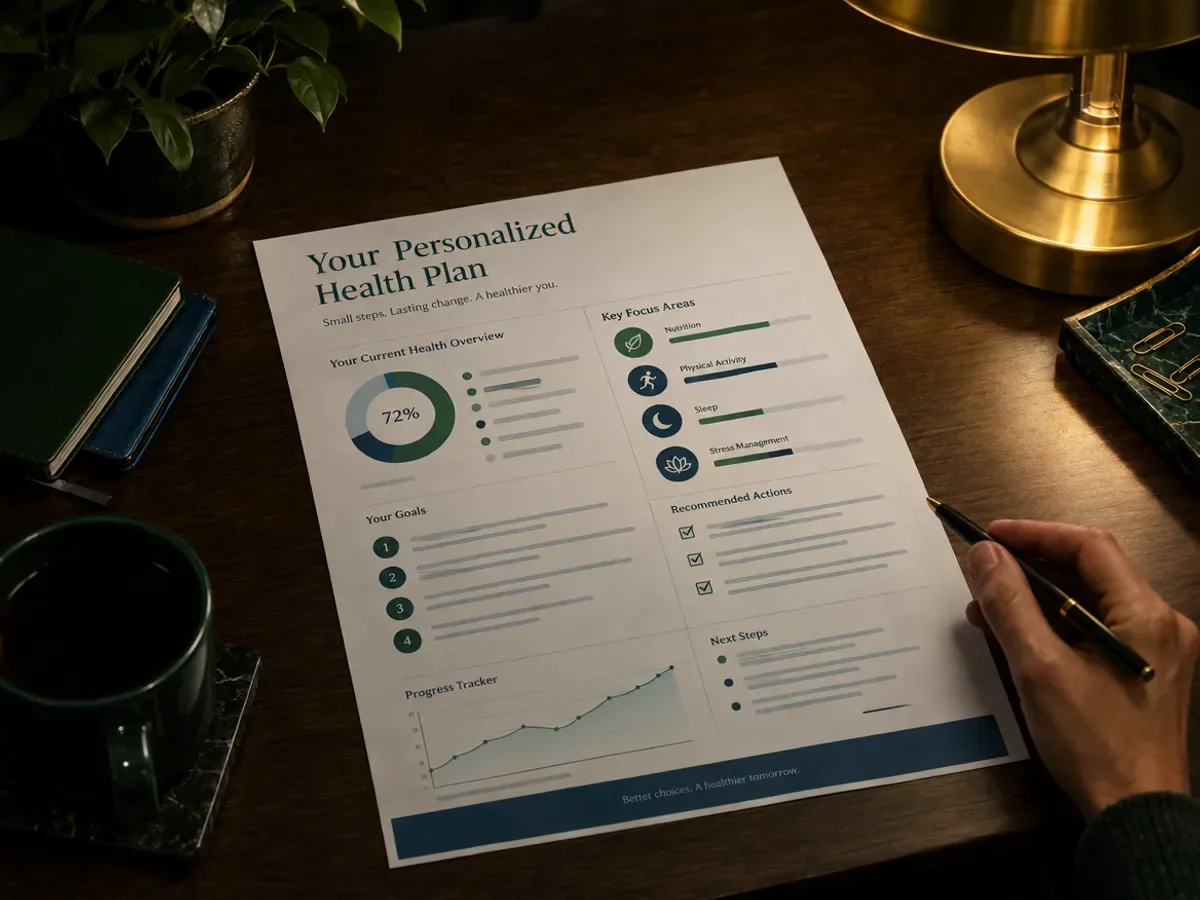 A printed personalized health plan on a desk under a lamp with a hand holding a pen