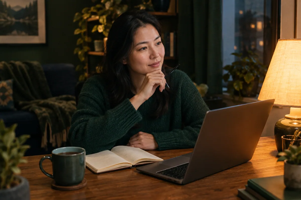 A woman at a desk in warm lamp light with a notebook and laptop, planning wellness goals