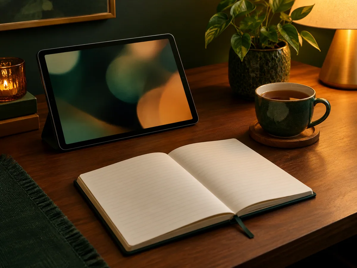 A home desk in lamp light with an open notebook, a tablet and a cup of tea
